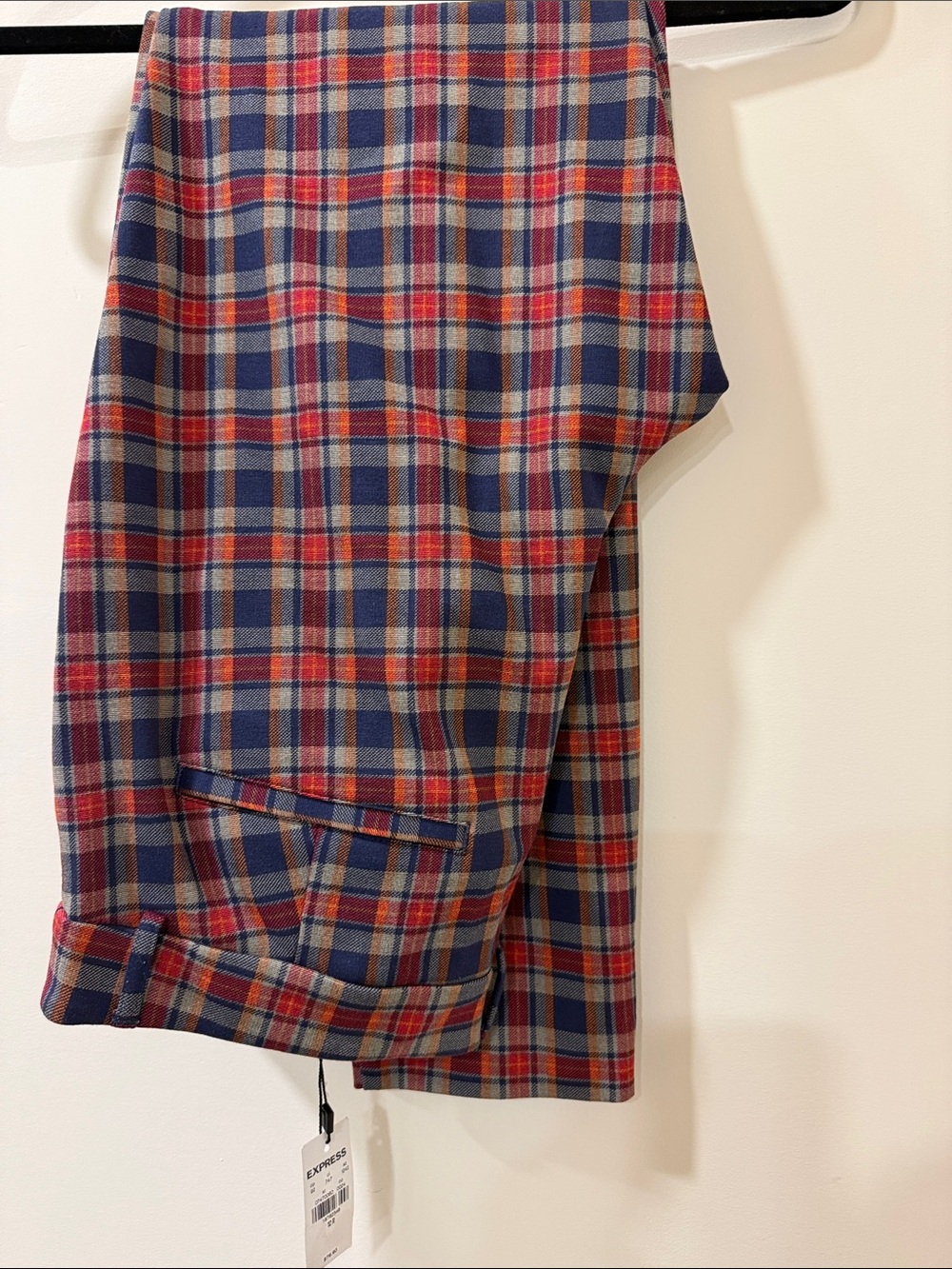 EXPRESS dress pants with a navy blue, maroon, burnt orange, gray plaid design